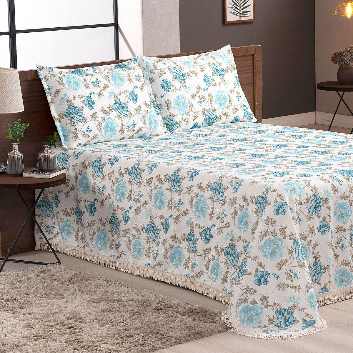 Cobre Leito Mariah King Floral Azul 3 Peças 