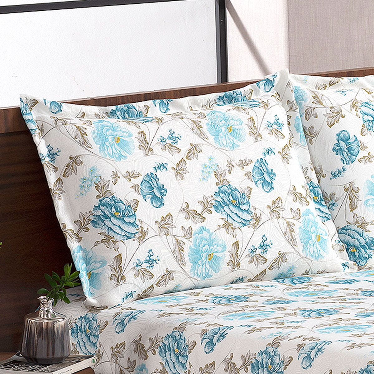 Cobre Leito Mariah King Floral Azul 3 Peças 