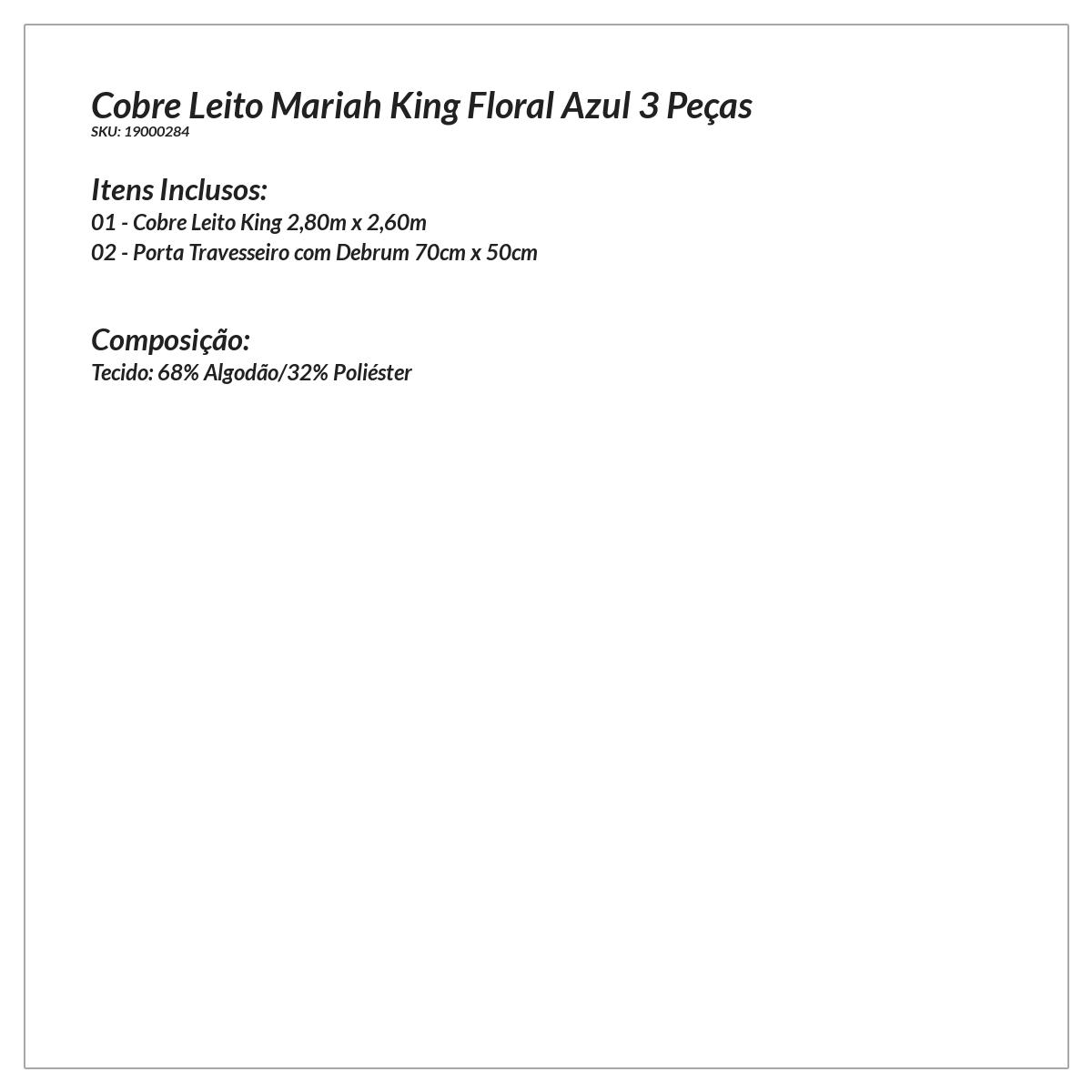Cobre Leito Mariah King Floral Azul 3 Peças 