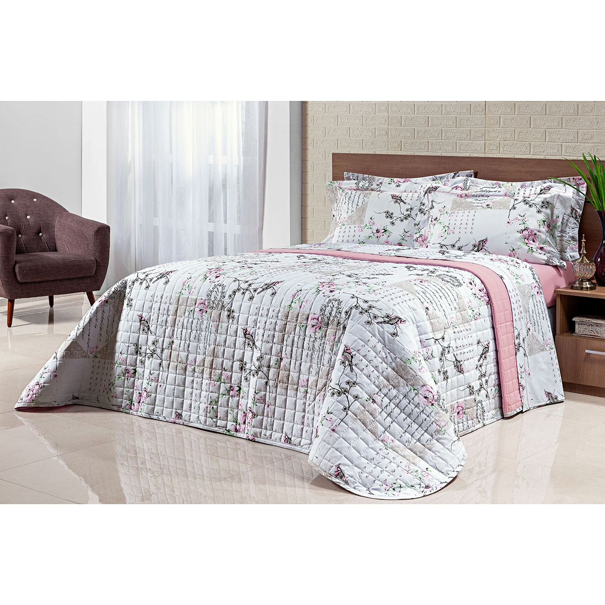 Cobre Leito Menina Solteiro Passarinho 200 Fios 100% Algodão + Jogo de Cama - 5 Peças