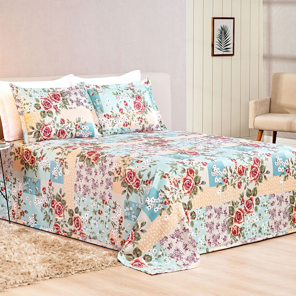 Cobre Leito Patchwork Azul Queen Tecido Piquet 3 Peças