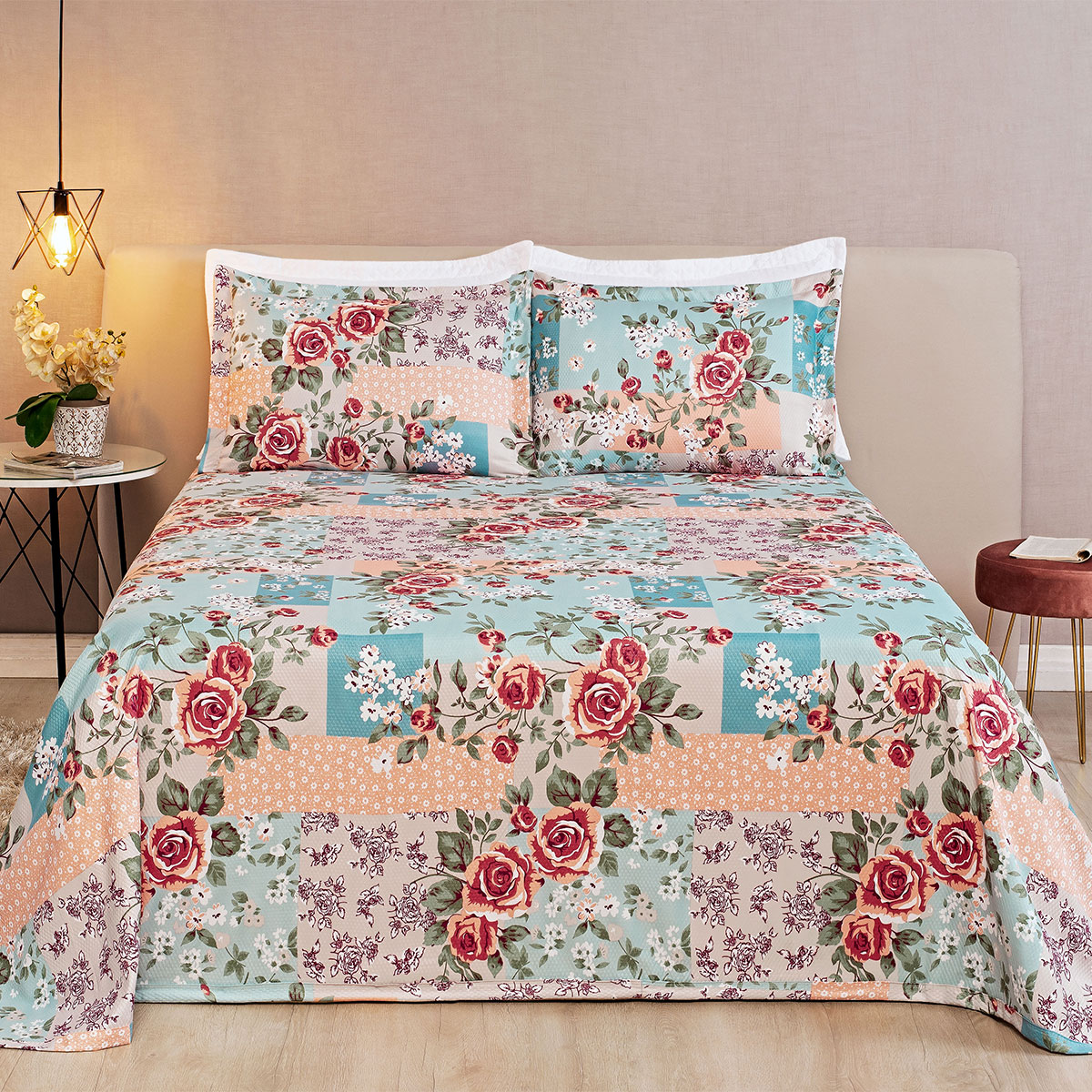 Cobre Leito Patchwork Azul Queen Tecido Piquet 3 Peças