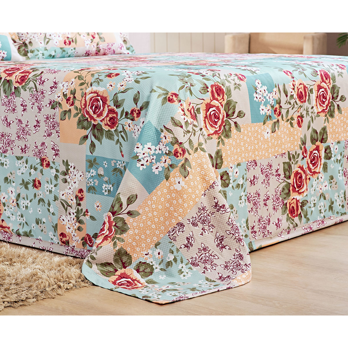 Cobre Leito Patchwork Azul Queen Tecido Piquet 3 Peças