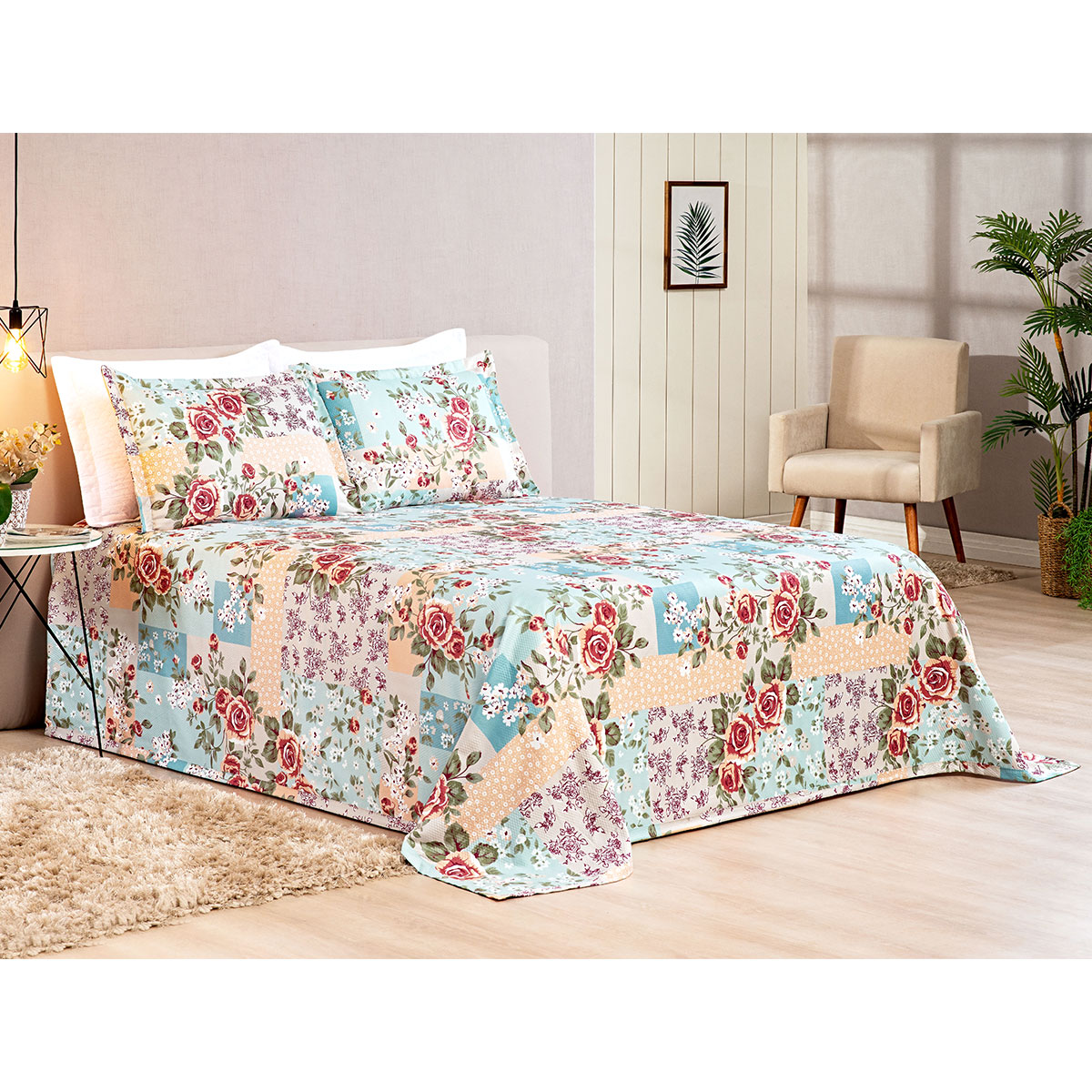 Cobre Leito Patchwork Azul Queen Tecido Piquet 3 Peças