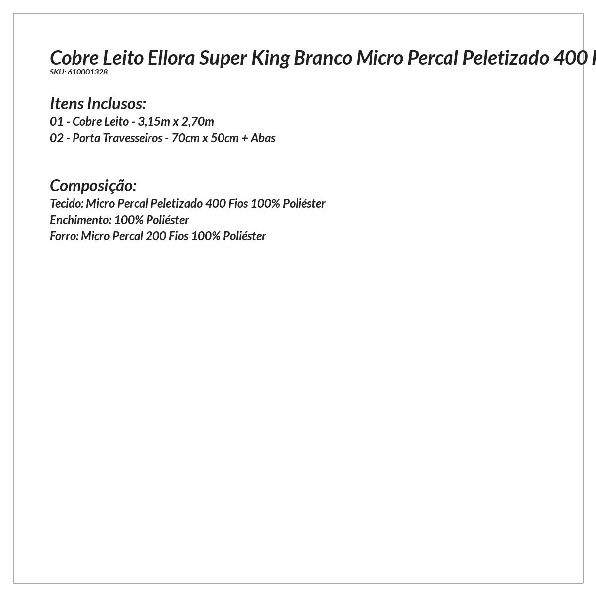 Cobre Leito Premium Super King Branco Micro Percal Peletizado 400 Fios 3 Peças