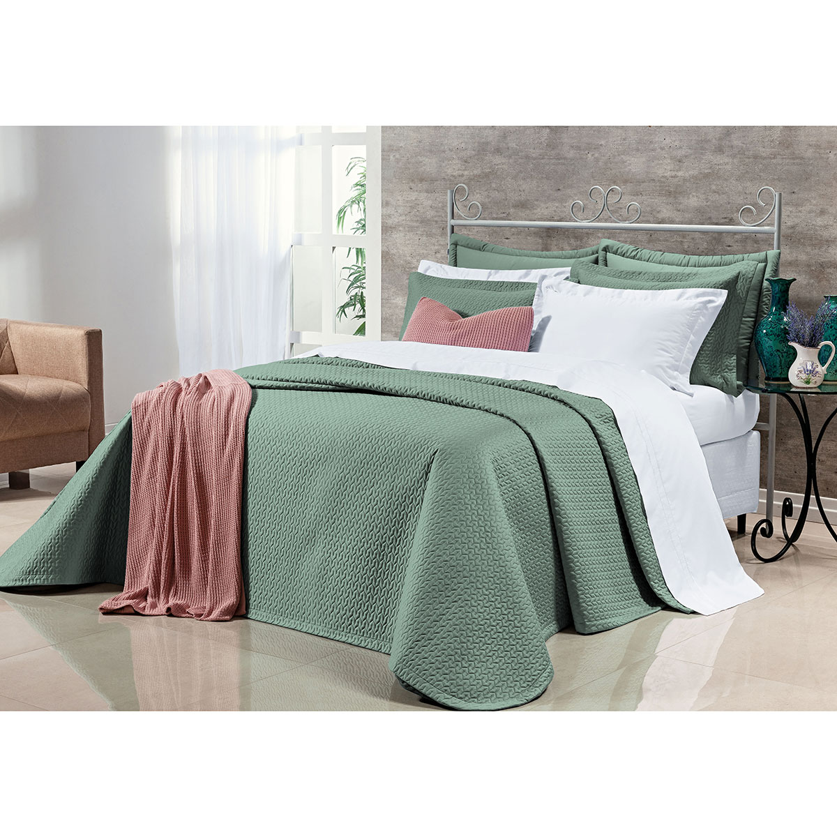 Cobre Leito Queen 400 Fios Egípcio 100% Algodão Verde + Jogo de Cama - 7 Peças