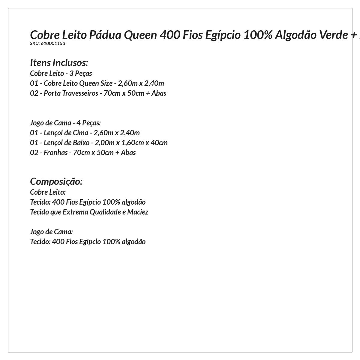 Cobre Leito Queen 400 Fios Egípcio 100% Algodão Verde + Jogo de Cama - 7 Peças
