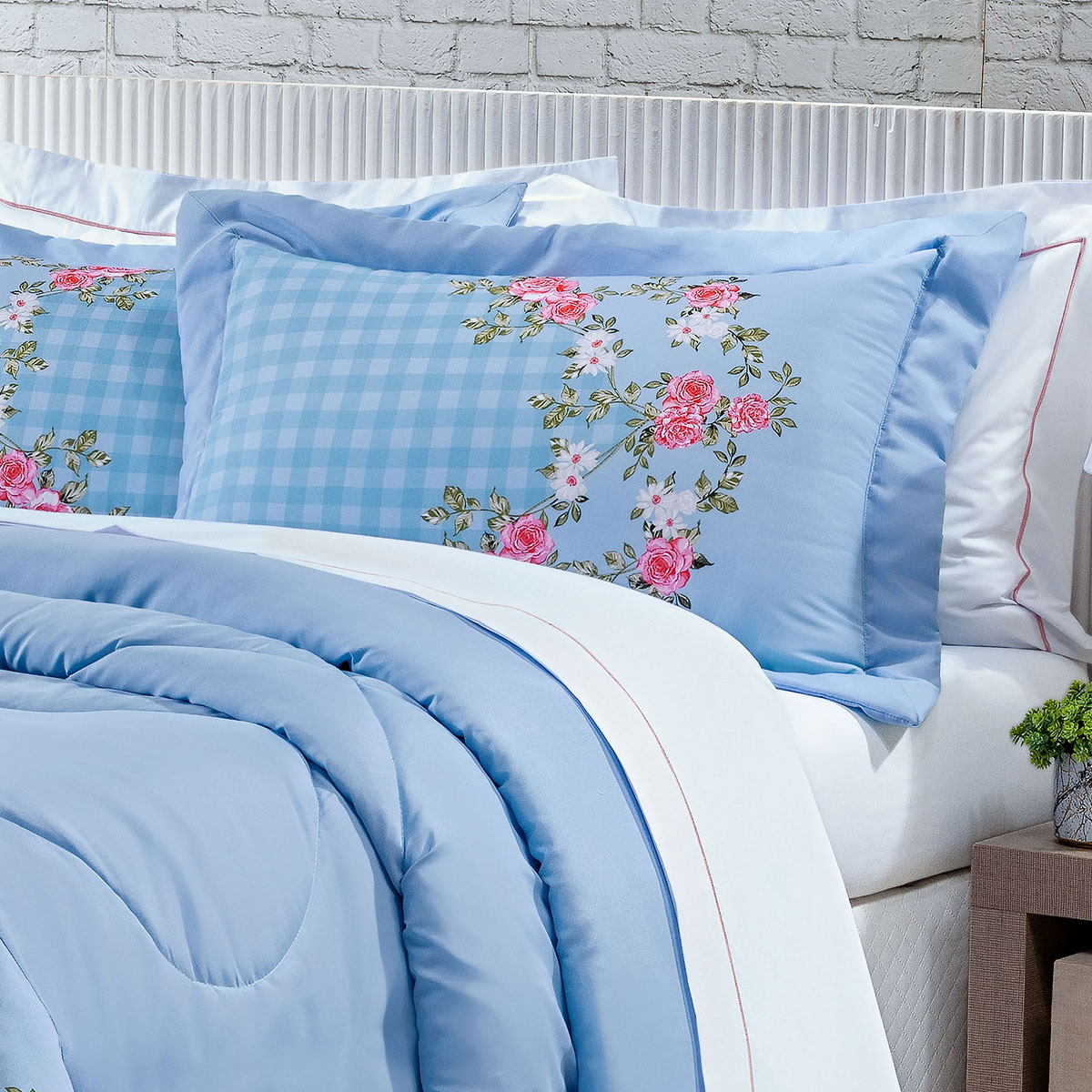 Cobre Leito Queen Azul Claro Estampado Floral Percal 200 Fios + Jogo de Lençol 100% Algodão - 7 Peças
