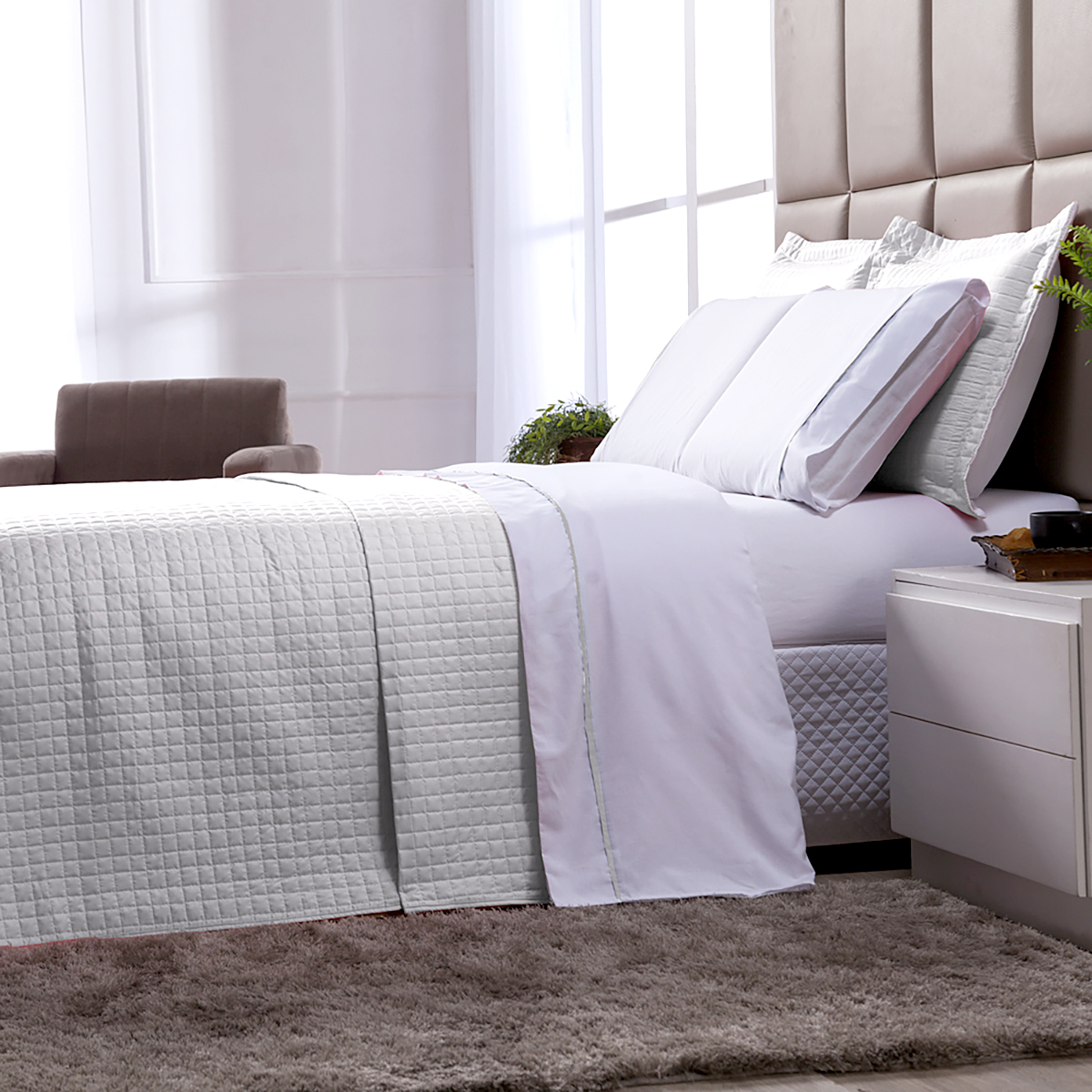Cobre Leito Queen Dupla Face Branco + Jogo de Cama 100% Algodão - 7 Peças
