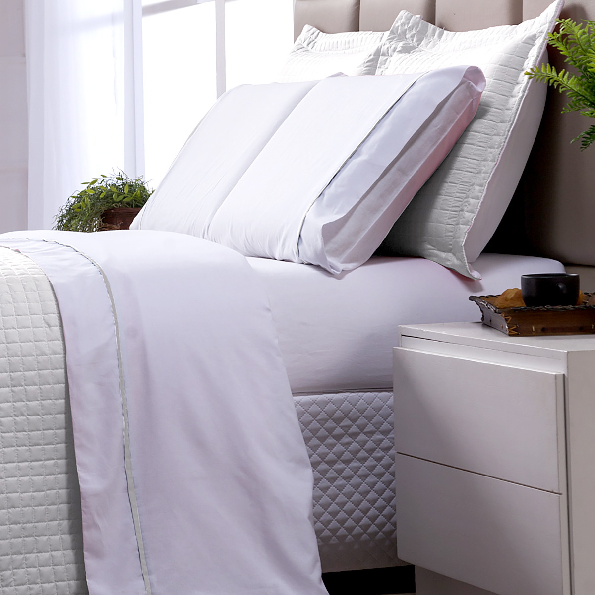 Cobre Leito Queen Dupla Face Branco + Jogo de Cama 100% Algodão - 7 Peças