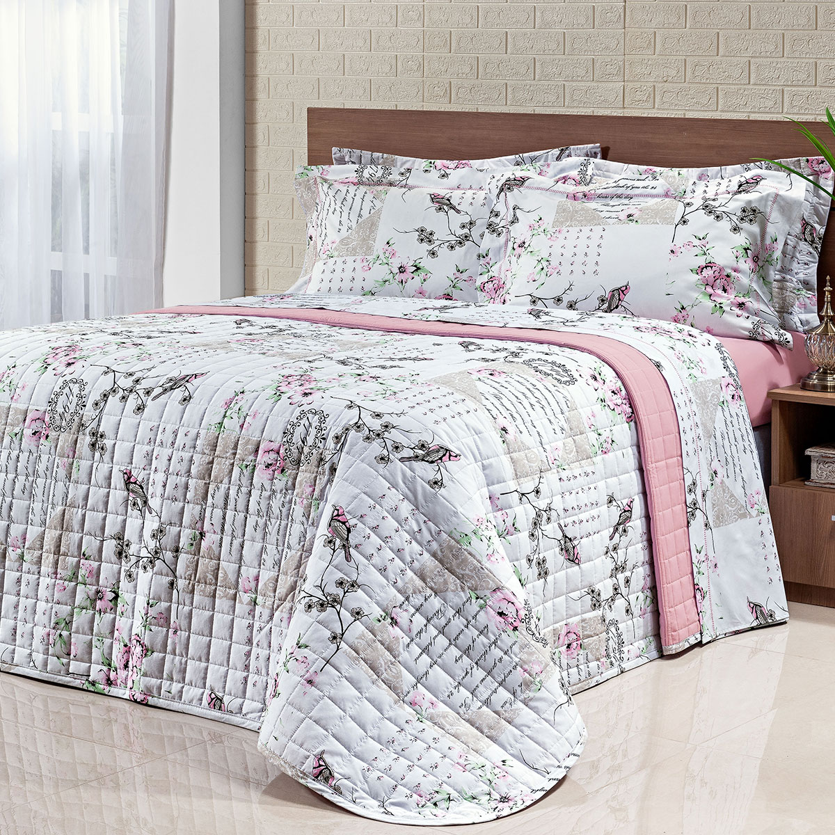 Cobre Leito Queen Estampado Passarinho 200 Fios 100% Algodão 3 Peças 2,60m x 2,40m