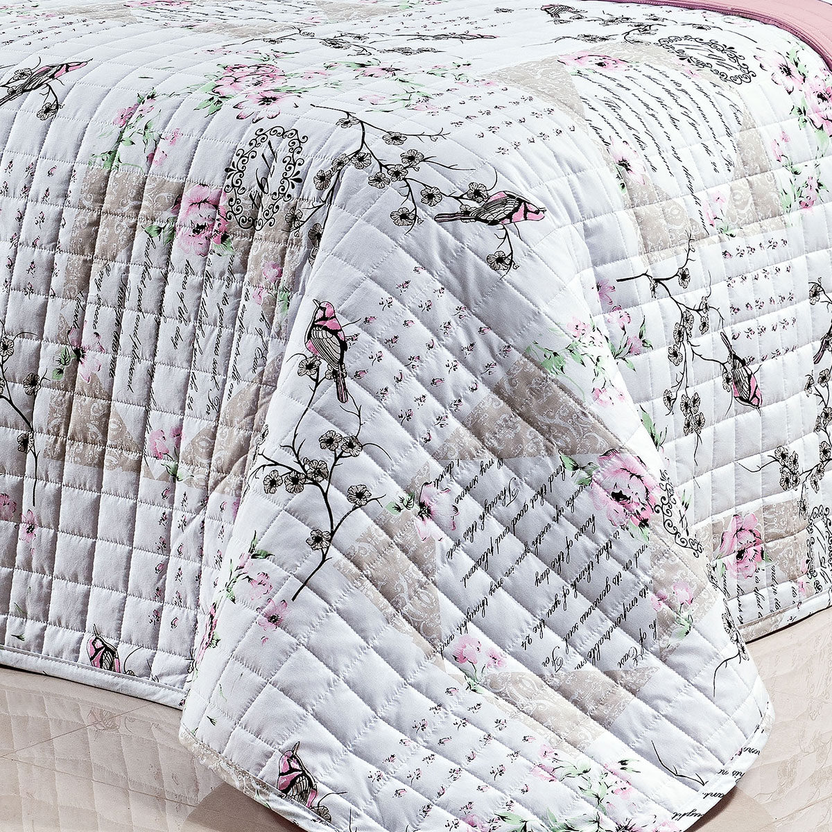 Cobre Leito Queen Estampado Passarinho 200 Fios 100% Algodão 3 Peças 2,60m x 2,40m