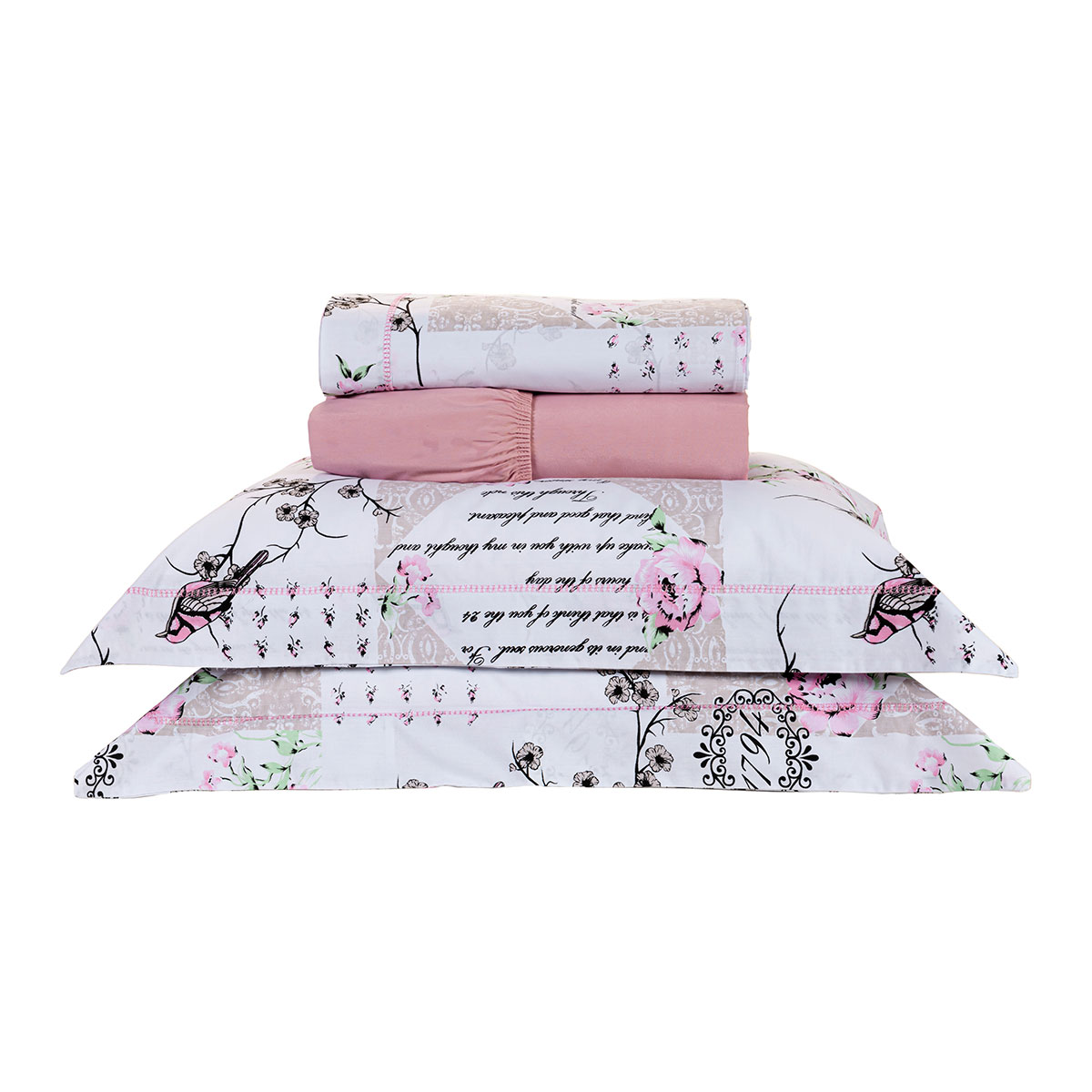 Cobre Leito Queen Passarinho Estampado 200 Fios 100% Algodão + Jogo de Cama - 7 Peças