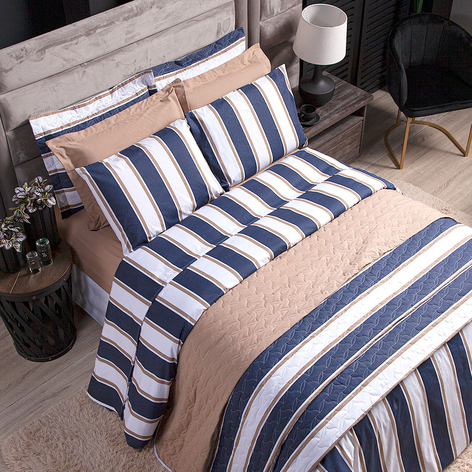 Cobre Leito Queen Size Estampado Listrado Azul 3 Peças 100% Algodão 200 Fios