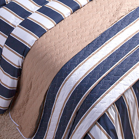 Cobre Leito Queen Size Estampado Listrado Azul 3 Peças 100% Algodão 200 Fios
