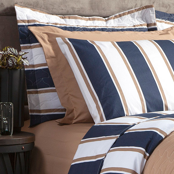 Cobre Leito Queen Size Estampado Listrado Azul 3 Peças 100% Algodão 200 Fios
