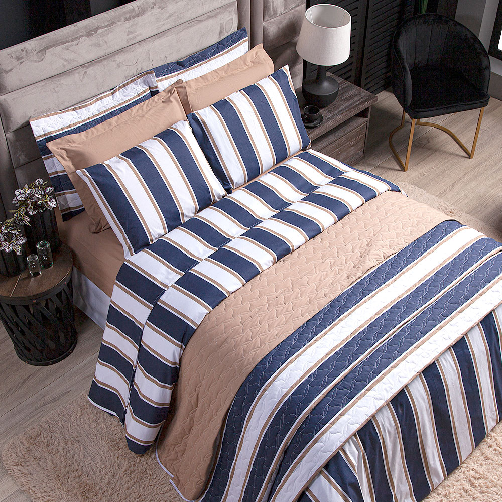 Cobre Leito Queen Size Estampado Listrado Azul 3 Peças 100% Algodão 200 Fios