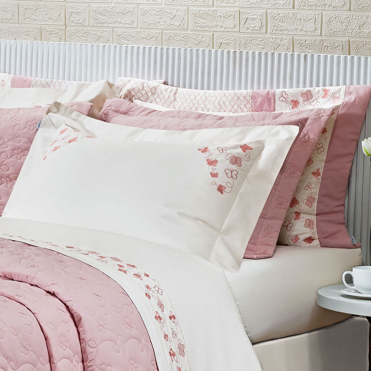 Cobre Leito Queen Size Rosa 200 Fios 100% Algodão 3 Peças 2,60m x 2,40m