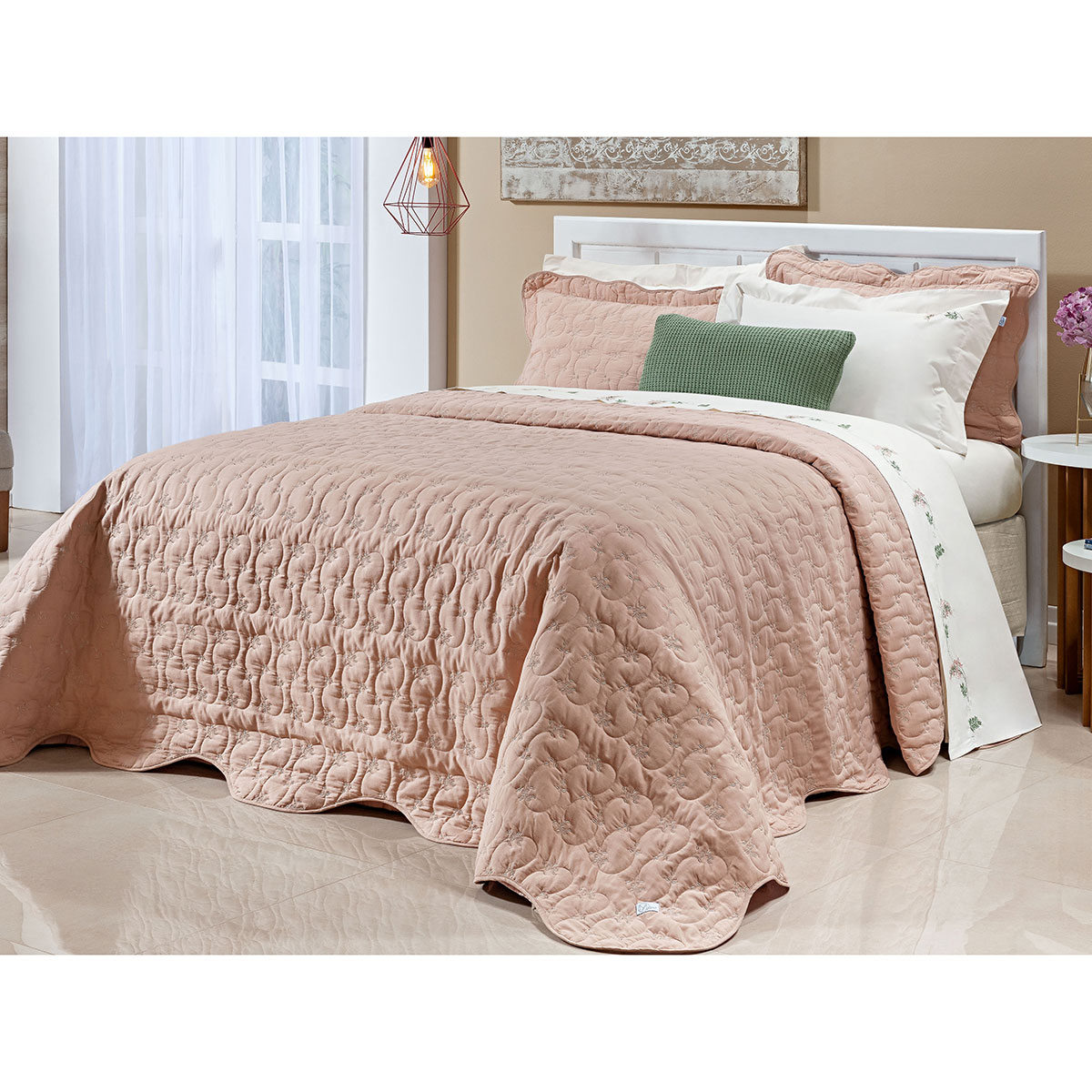 Cobre Leito Salmão Queen Size 200 Fios 100% Algodão + Jogo de Lençol - 7 Peças