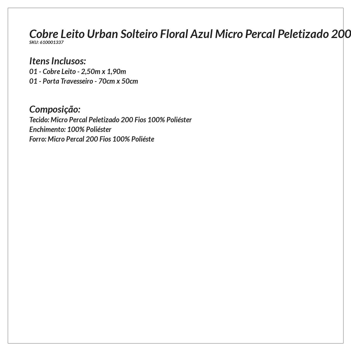 Cobre Leito Solteiro Azul Micro Percal Peletizado 200 Fios 2 Peças 2,50m x 1,90m
