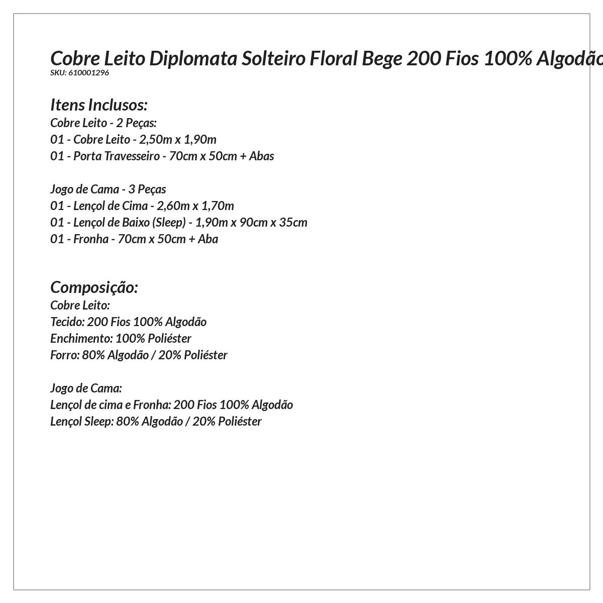 Cobre Leito Solteiro Floral Bege 200 Fios 100% Algodão + Jogo de Cama - 5 Peças
