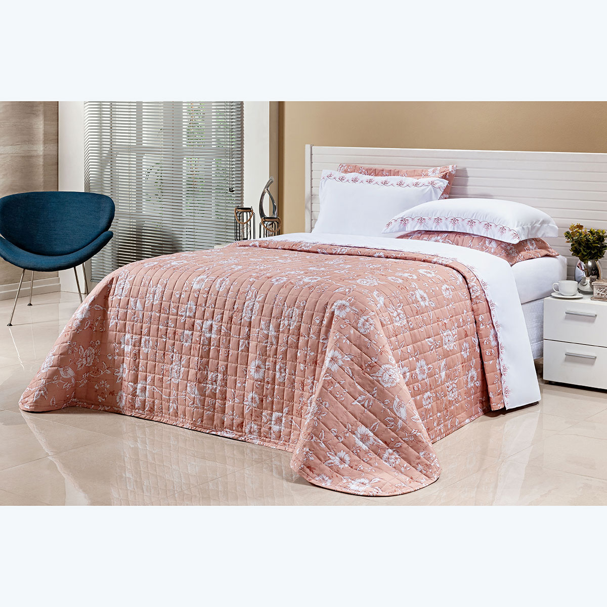 Cobre Leito Tamanho King Size Salmão Floral Micro Percal Peletizado 200 Fios + Jogo de Cama - 7 Peças