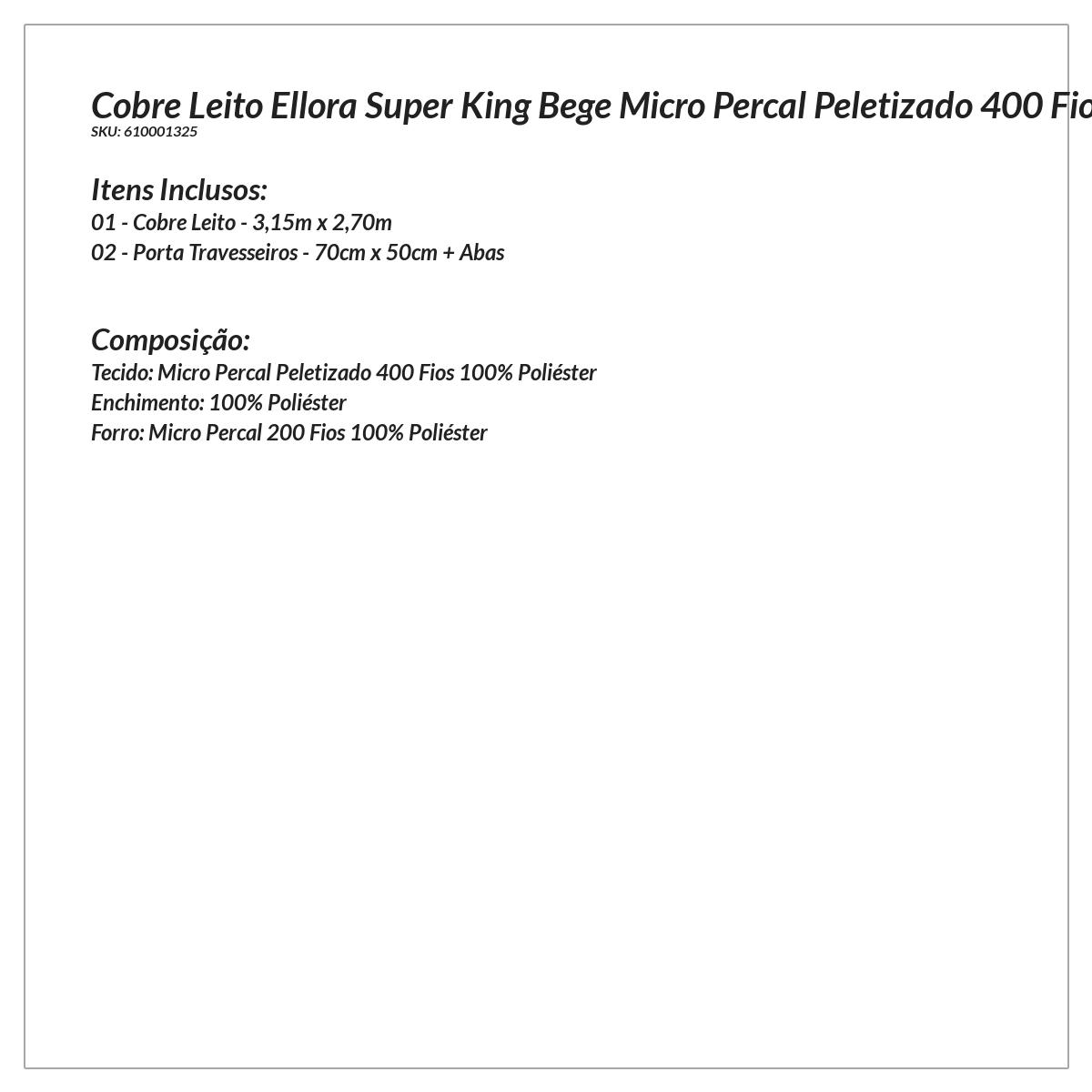Cobre Leito Tamanho Super King Bege Micro Percal Peletizado 400 Fios 3 Peças