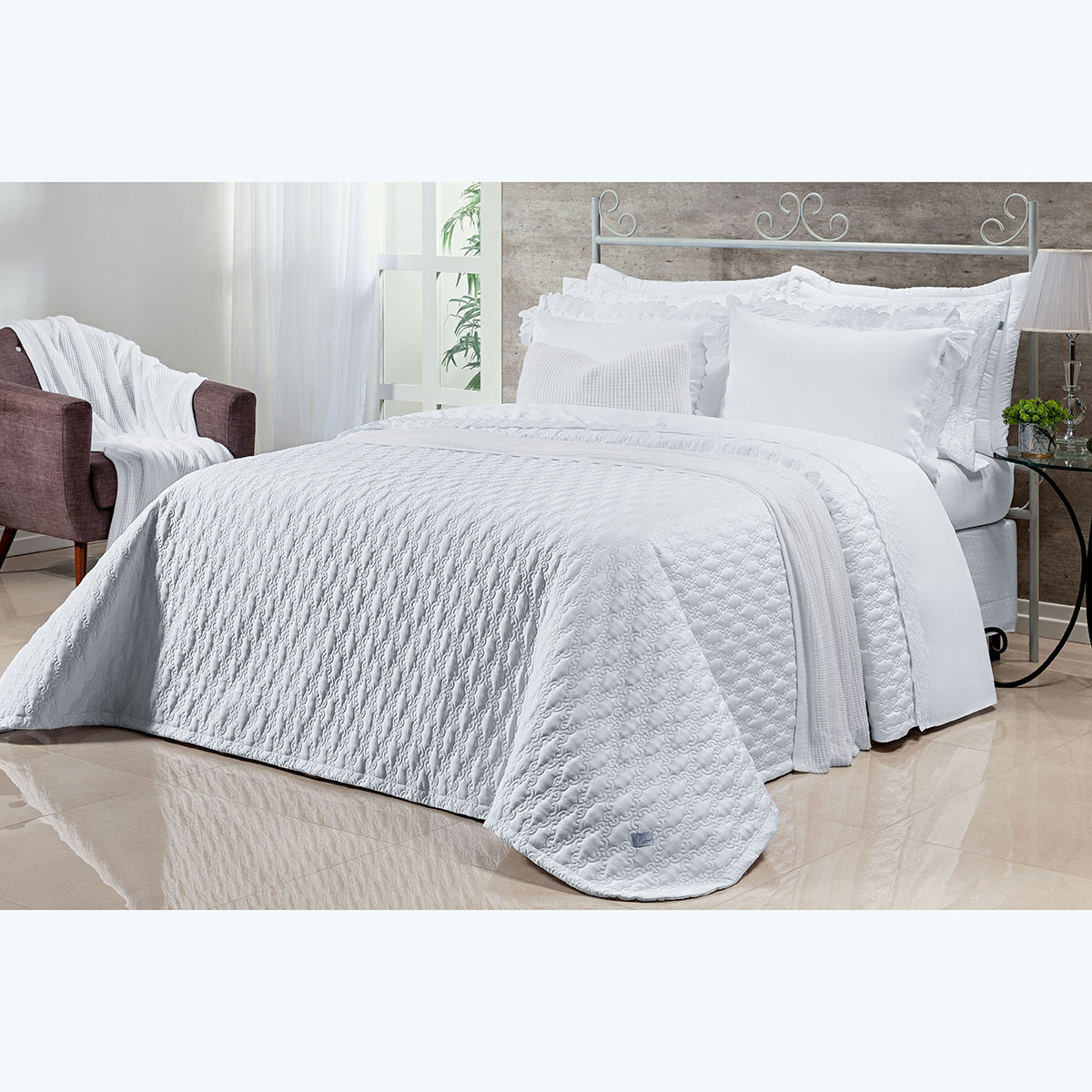 Cobre Leito Venetto Queen Size Branco 400 Fios Egípcio 100% Algodão + Jogo de Cama - 7 Peças