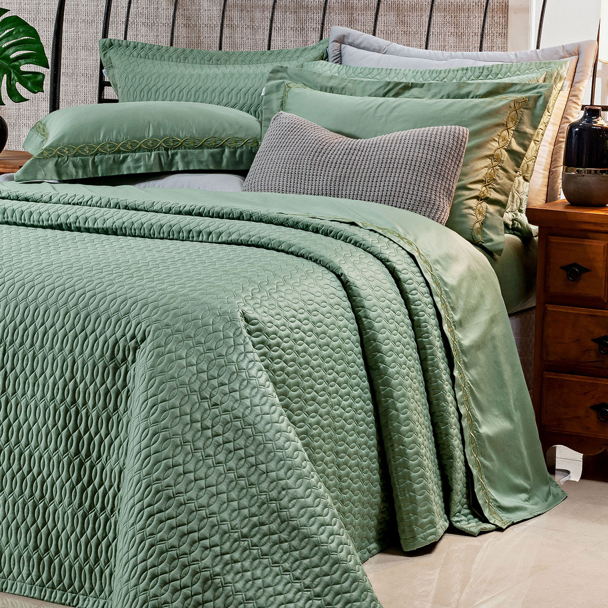 Cobre Leito Verde King Size 400 Fios Egípcio 100% Algodão + Jogo de Cama - 7 Peças