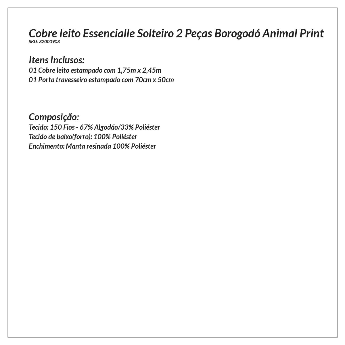 Cobre leito Solteiro Estampado 2 Peças Animal Print com Porta Travesseiro