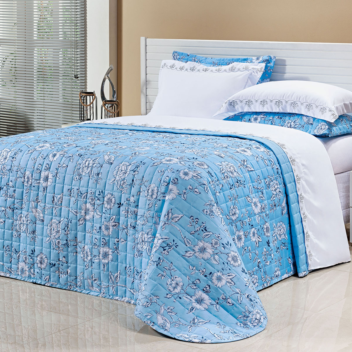 Colcha Azul King Size Micro Percal Peletizado 200 Fios 3 Peças