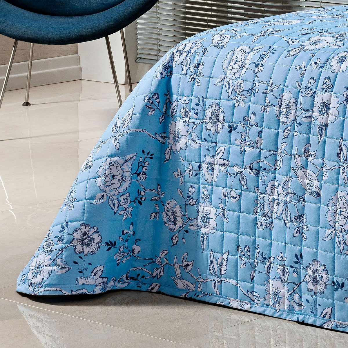 Colcha Azul King Size Micro Percal Peletizado 200 Fios 3 Peças