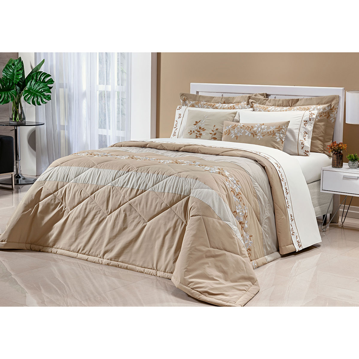 Colcha Bege King Size 100% Algodão 200 Fios + Jogo de Cama - 11 Peças