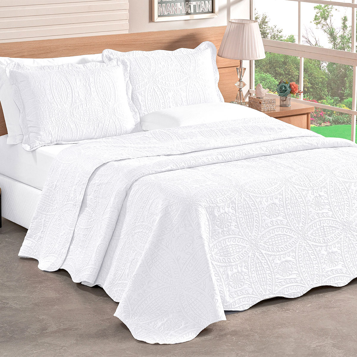 Colcha Branca King Bouti Dupla Face Matelada Ultrassônico + Jogo de Cama Ponto Palito - 7 Peças