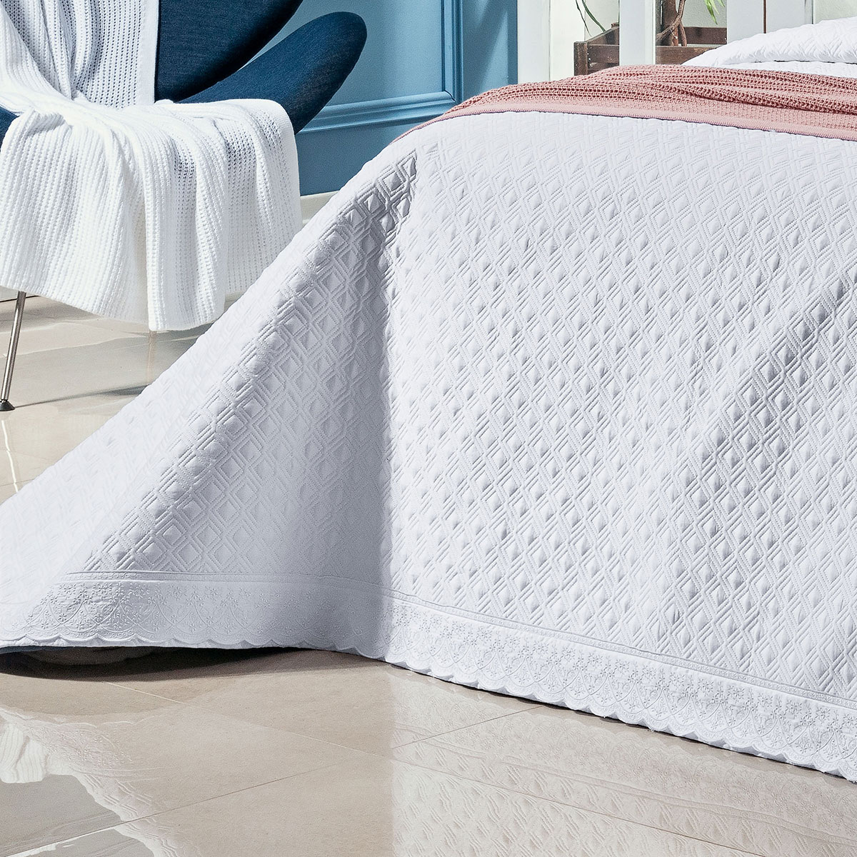 Colcha Branca Queen Size 400 Fios Egípcio 100% Algodão 3 Peças