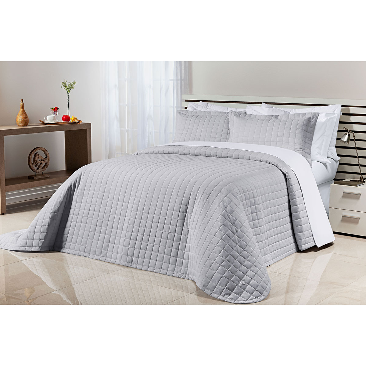 Colcha Cama Super King Cinza 200 Fios 100% Algodão 3 Peças 3,15m x 2,70m