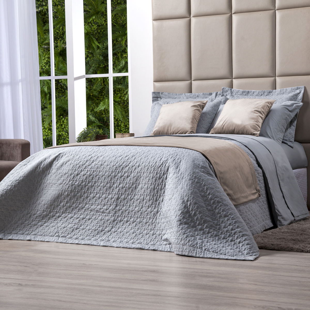 Colcha Cinza 100% Algodão King Size Matelada 3 Peças