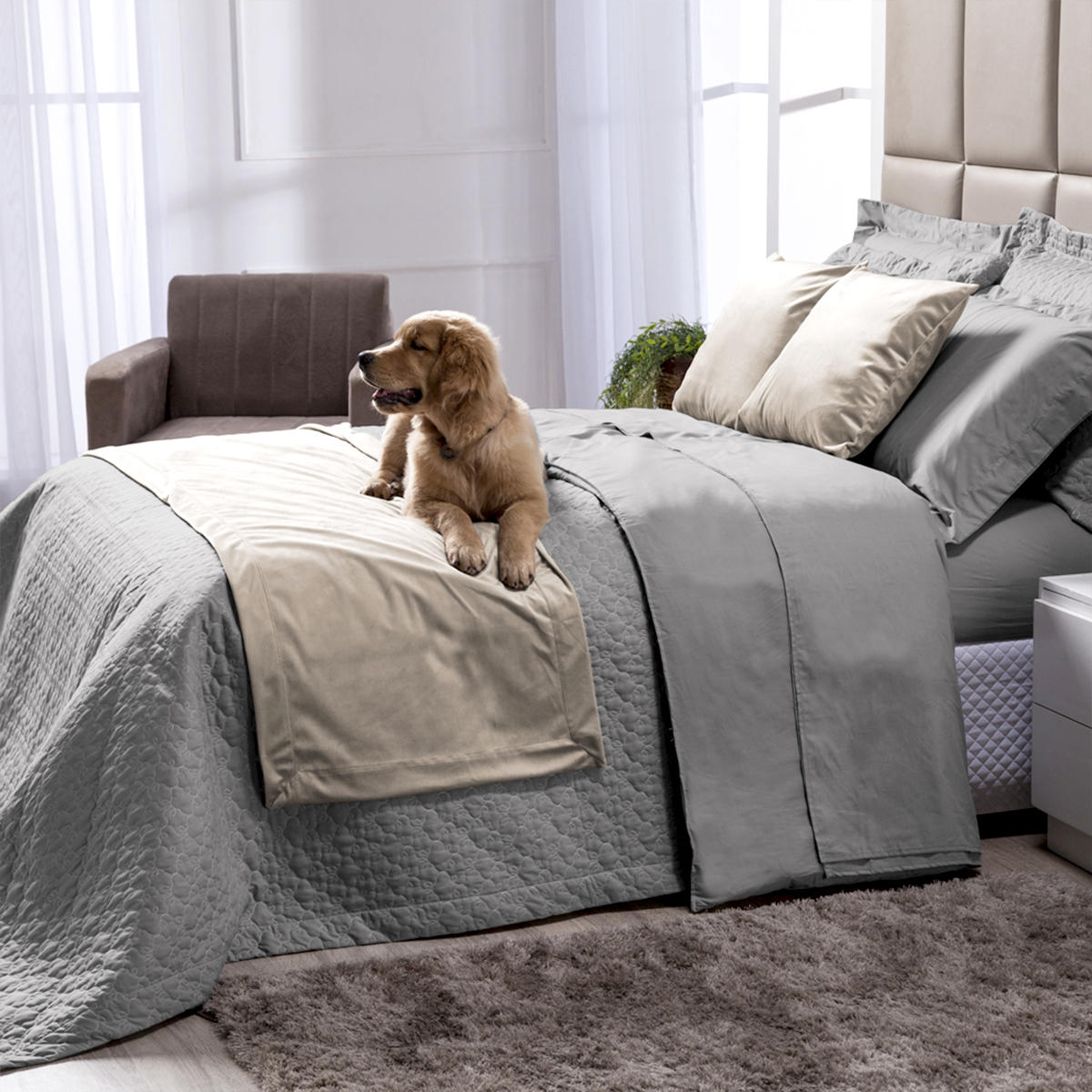 Colcha Cinza 100% Algodão King Size Matelada 3 Peças