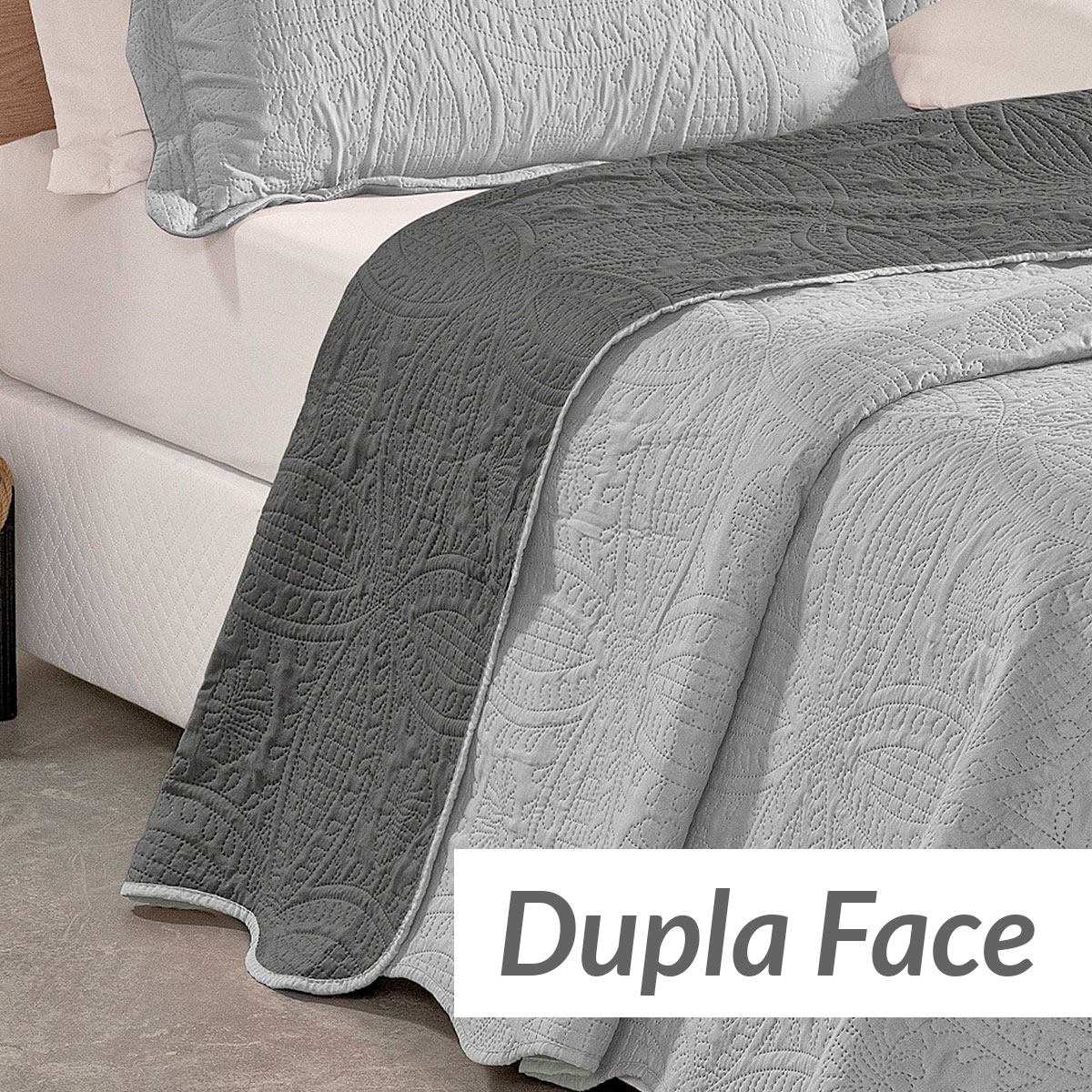 Colcha Cinza King Bouti Dupla Face Matelada Ultrassônico + Jogo de Cama Ponto Palito - 7 Peças