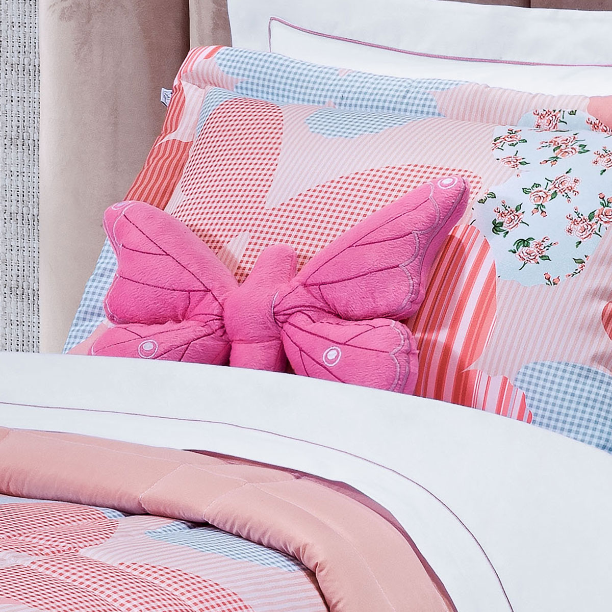 Colcha Infantil Menina Rosa 200 Fios Micro Percal 3 Peças 2,50m x 1,90m com Porta Travesseiro