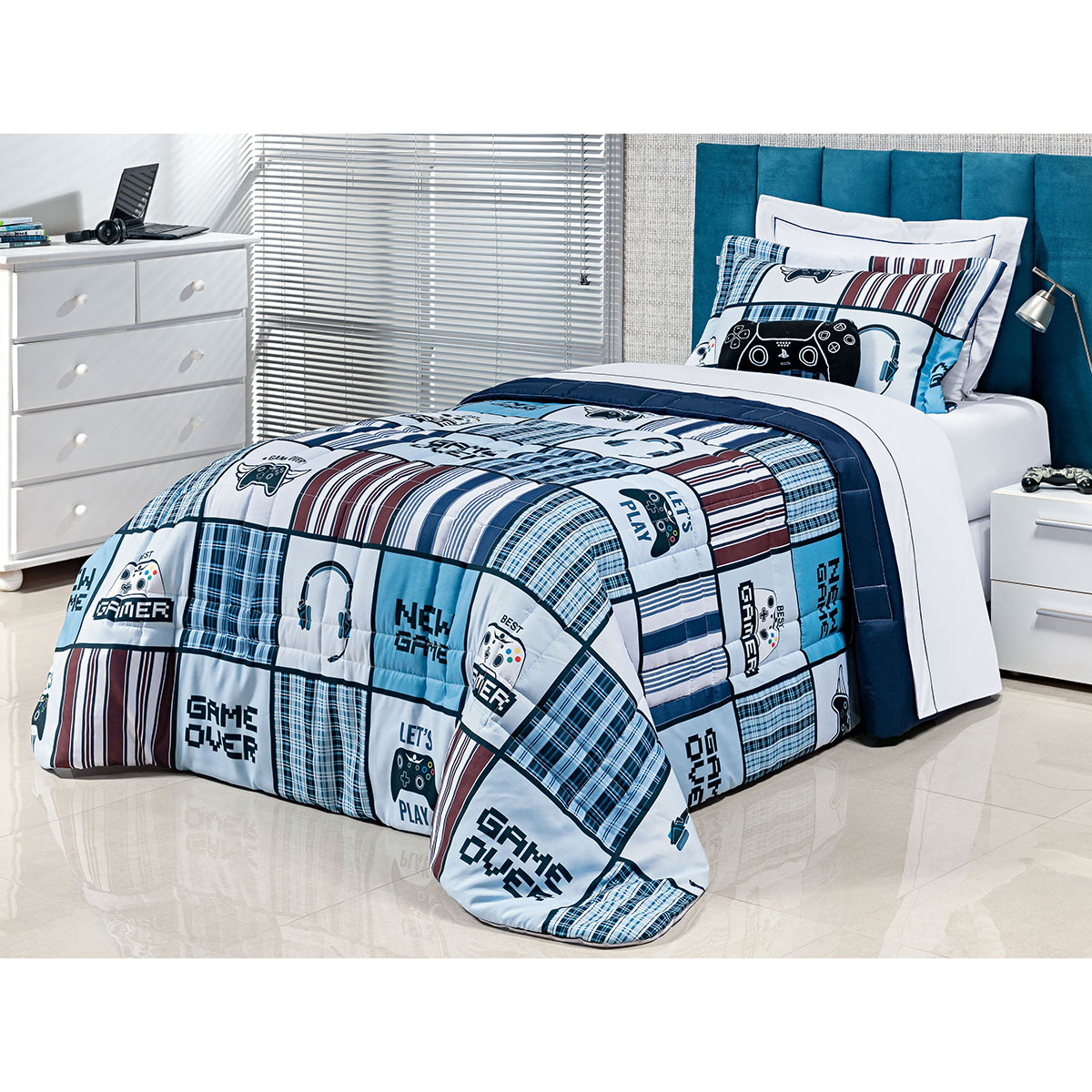 Colcha Infantil Menino Azul 200 Fios Micro Percal 3 Peças 2,50m x 1,90m