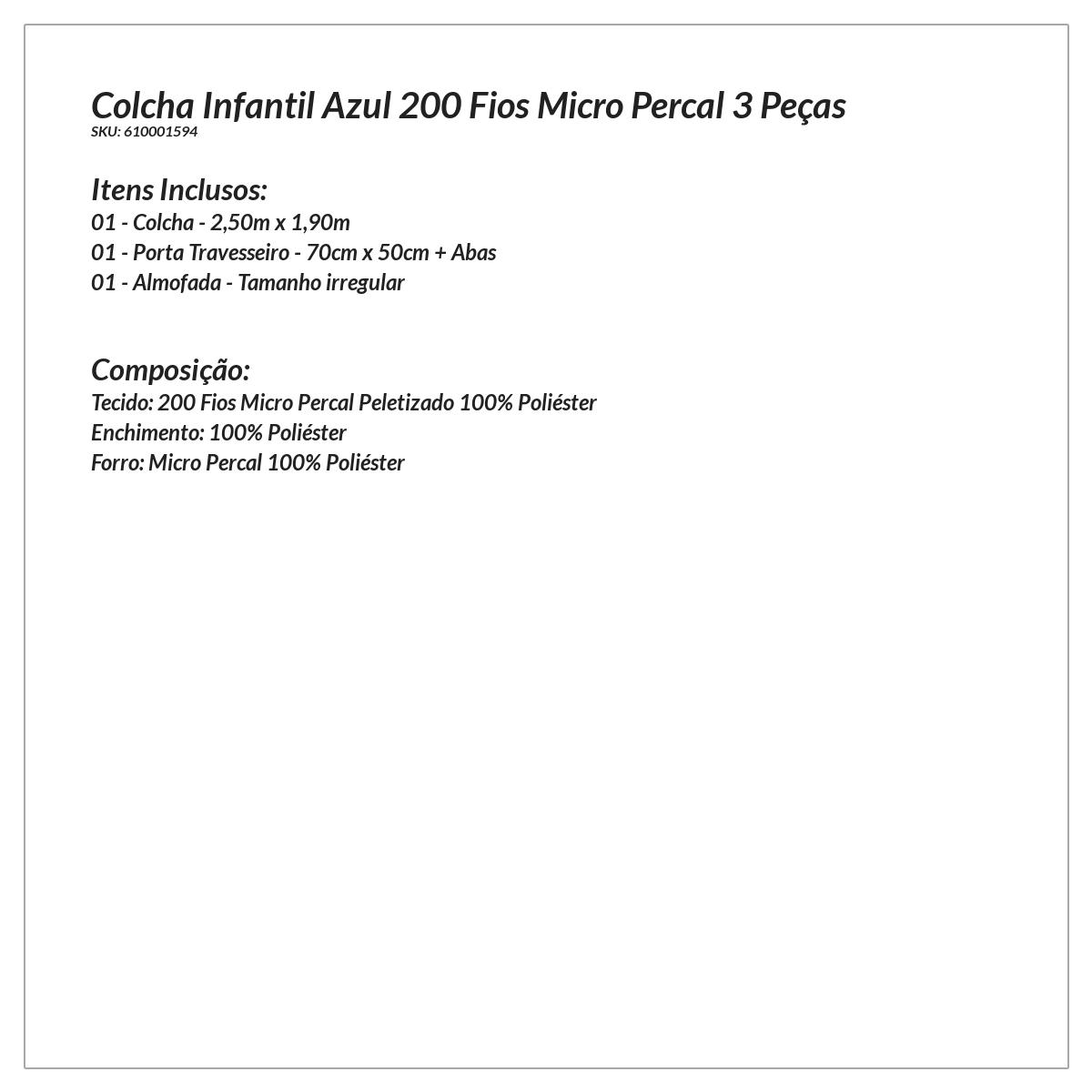 Colcha Infantil Menino Azul 200 Fios Micro Percal 3 Peças 2,50m x 1,90m