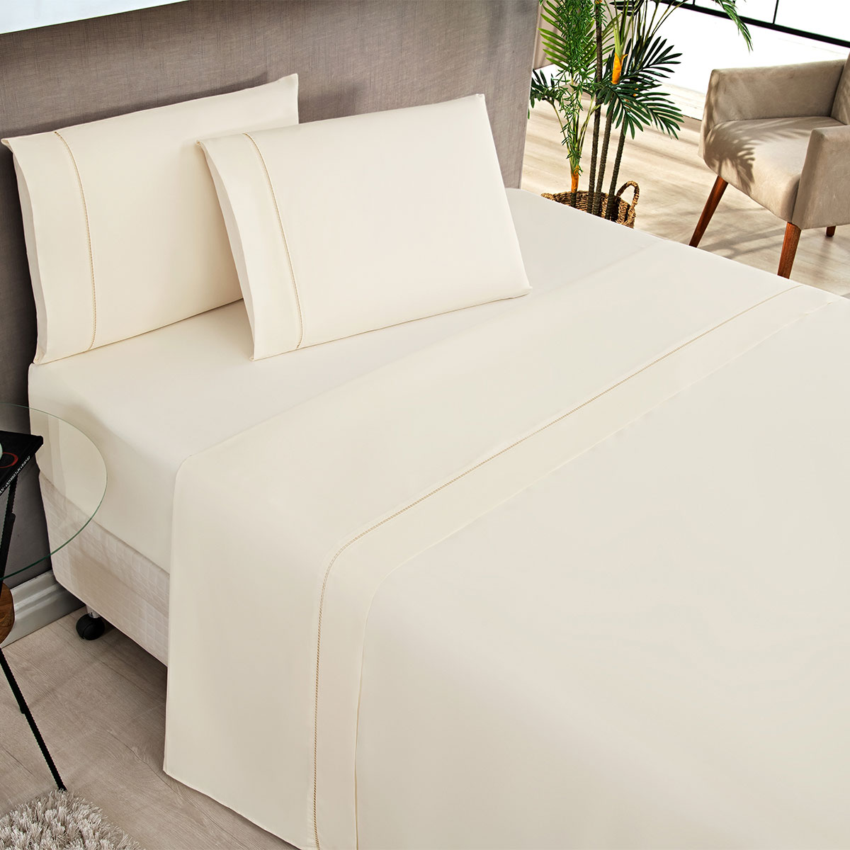 Colcha King Cáqui Bouti Dupla Face Matelada Ultrassônico + Jogo de Cama Ponto Palito - 7 Peças