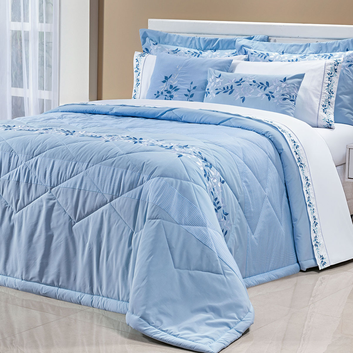 Colcha King Size Azul 100% Algodão 200 Fios 7 Peças 2,80m x 2,70m