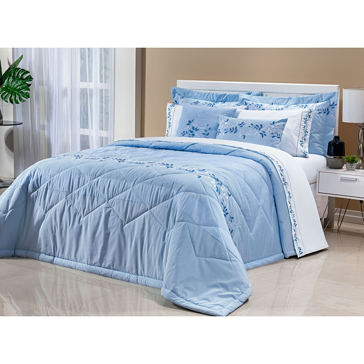 Colcha King Size Azul 100% Algodão 200 Fios 7 Peças 2,80m x 2,70m