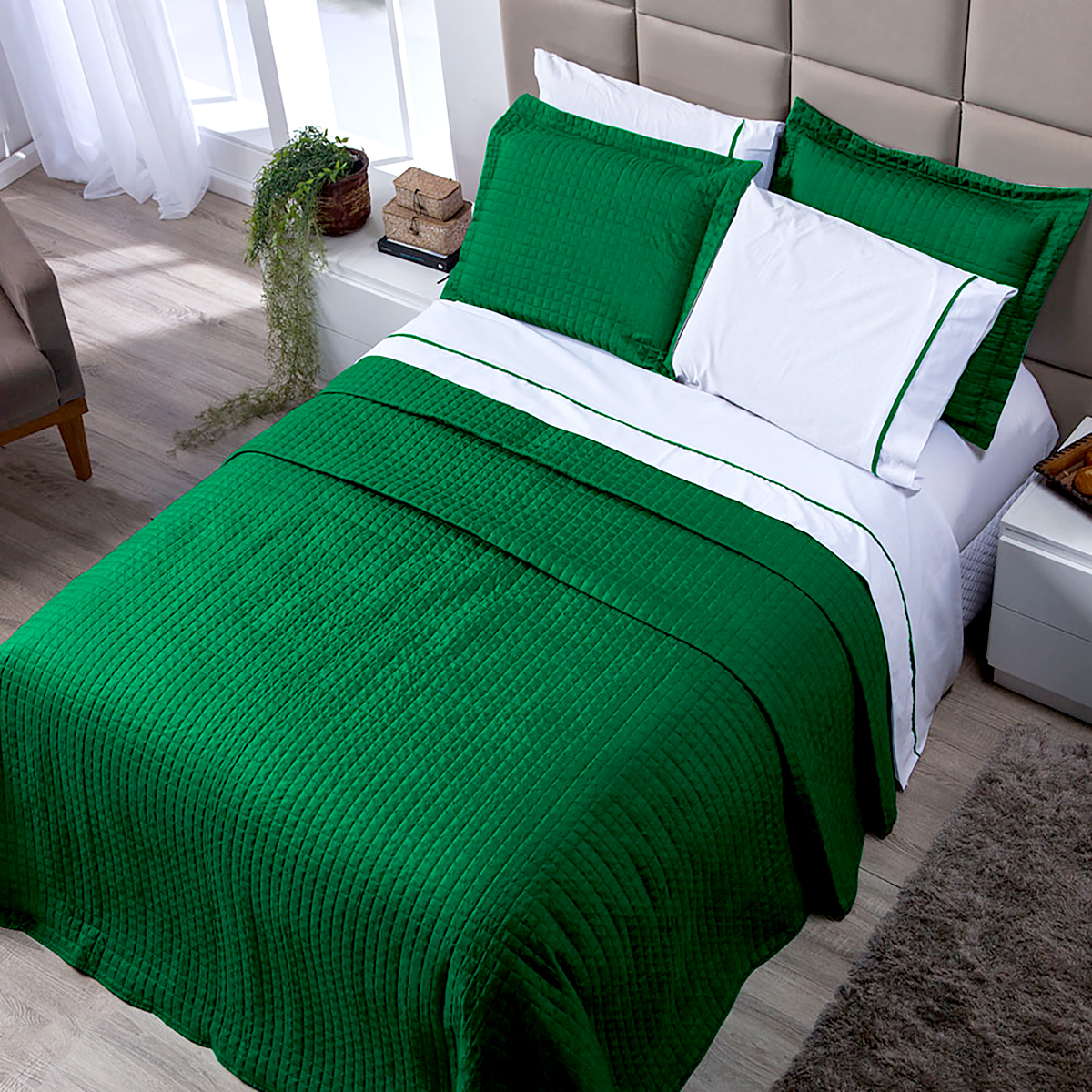 Colcha King Size Verde Dupla Face Matelado 3 peças com Porta Travesseiros