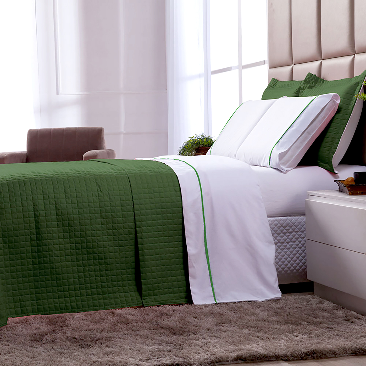 Colcha King Size Verde Dupla Face Matelado 3 peças com Porta Travesseiros