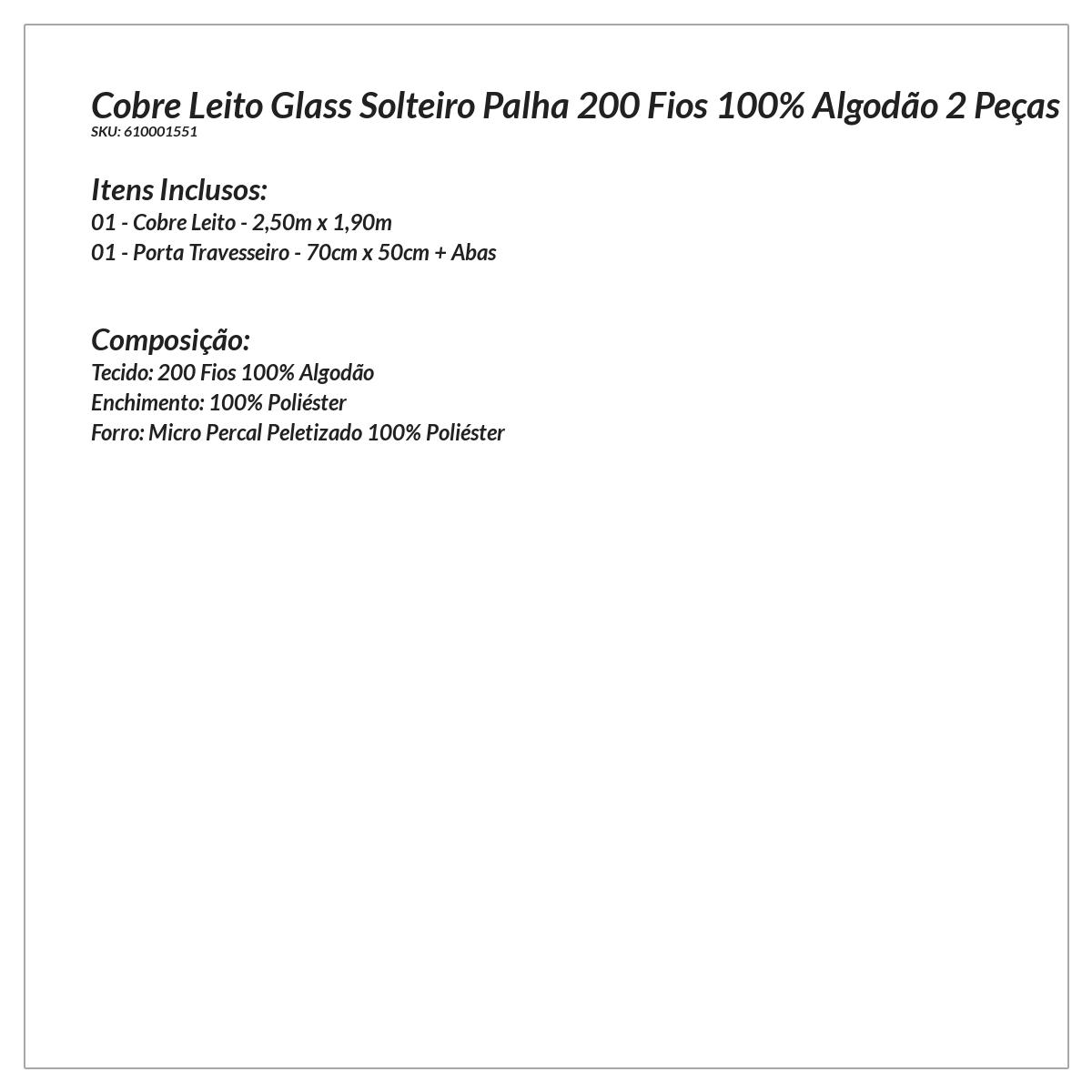 Colcha Liso Solteiro Palha 200 Fios 100% Algodão 2 Peças