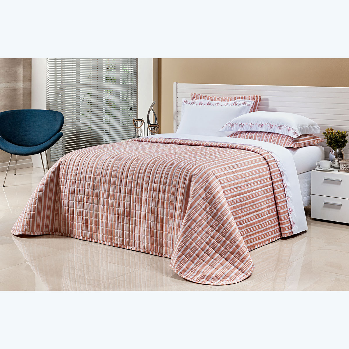 Colcha Listrado King Size Micro Percal Peletizado 200 Fios 3 Peças 2,80m x 2,70m