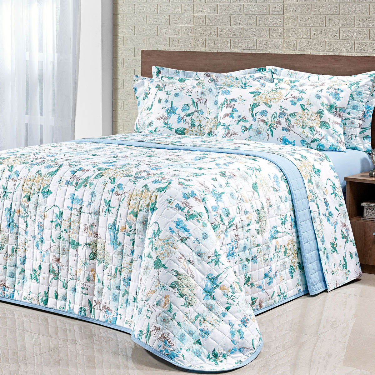 Colcha Menina Solteiro Floral Azul 200 Fios 100% Algodão + Jogo de Cama - 5 Peças